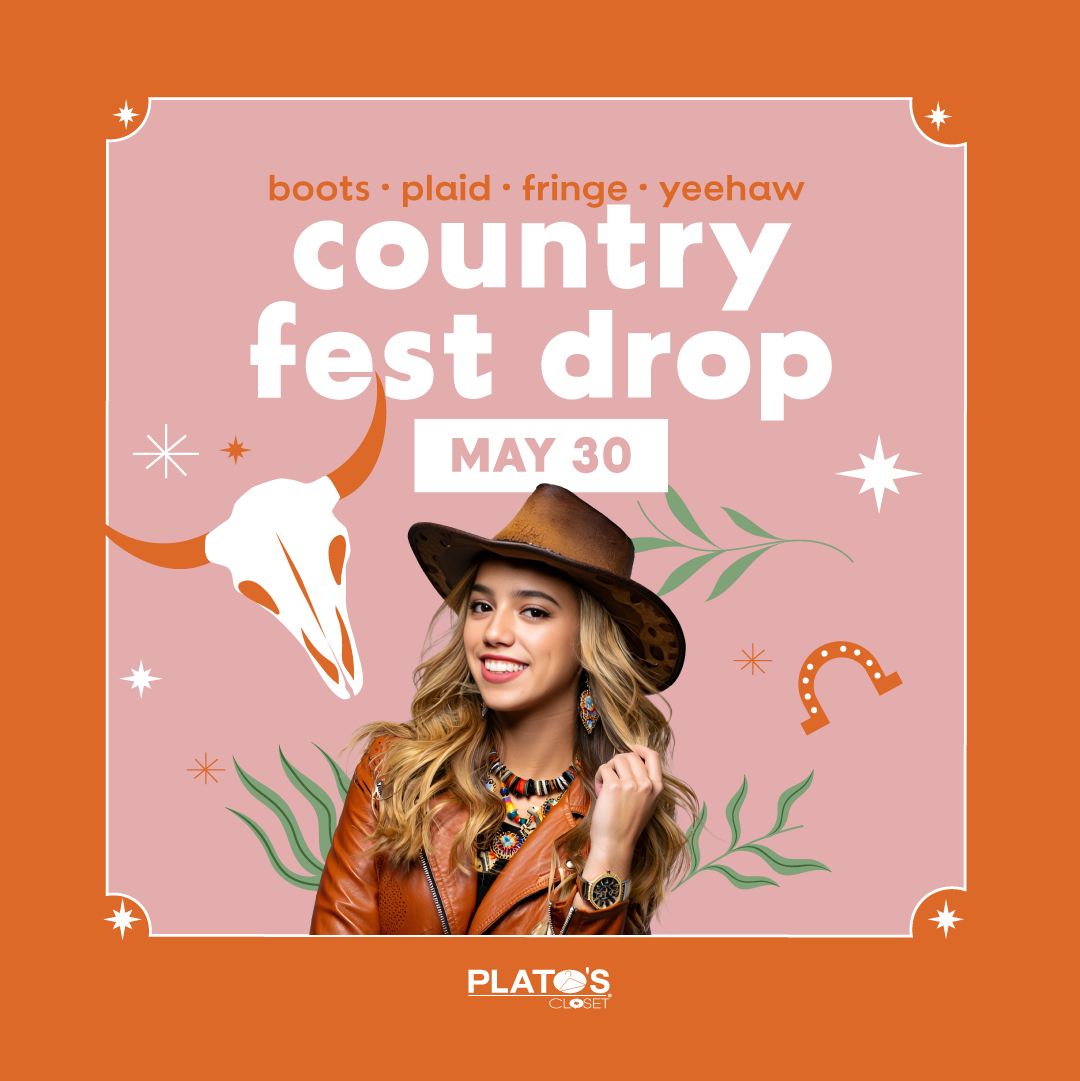 Plato's Closet Canton is dropping country fest outfits on Saturday, May 30. Get band tees, cut off shorts, plus cowboy boots and hats for less!